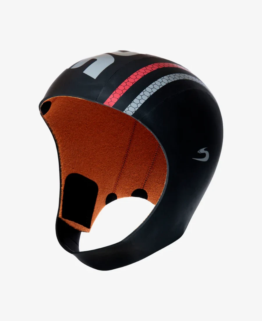 Front view of thermal neoprene cap on swimmer, highlighting snug fit and ear coverage.